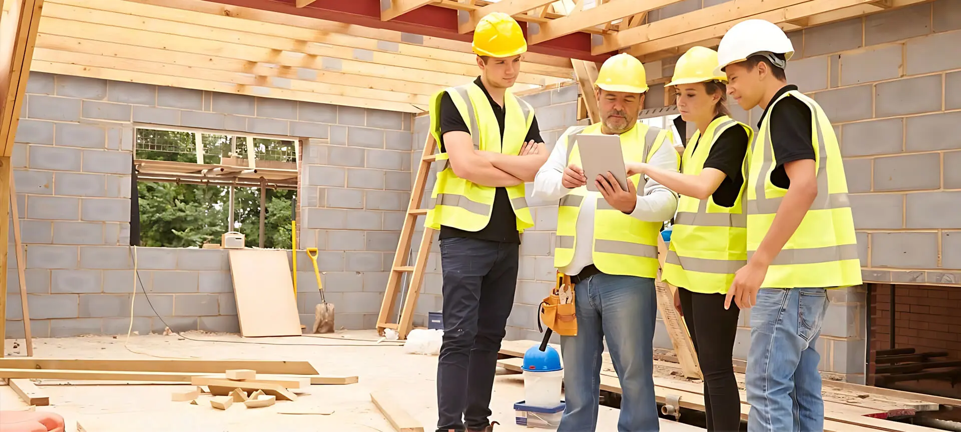 Three construction workers are looking at a tablet.